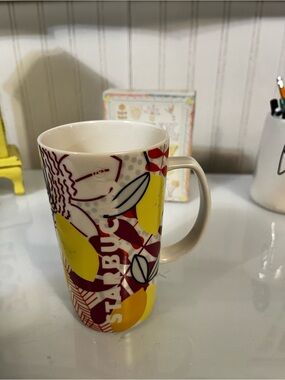 Starbucks Yellow & Maroon Floral Logo Mug taller size